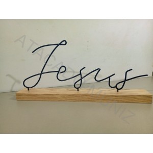 ENFEITE DECORATIVO JESUS DE METAL PRETO COM BASE DE MADEIRA
