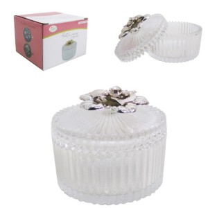 PORTA JOIAS FLOR DE VIDRO REDONDO RELEVO METALIZADO